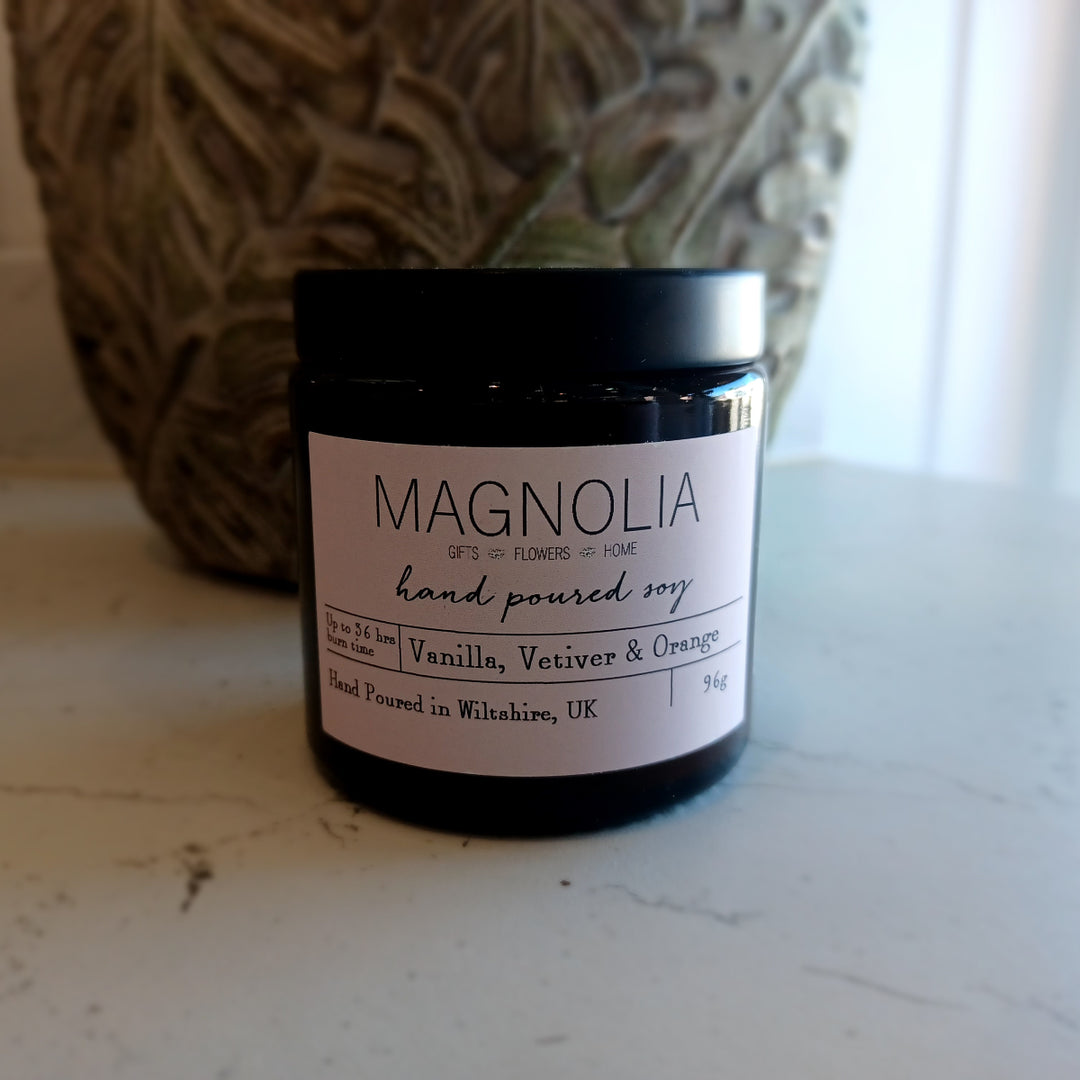 Magnolia the Florist Branded Vanila. Vetiver and Orange Soy Scented Candle 96g