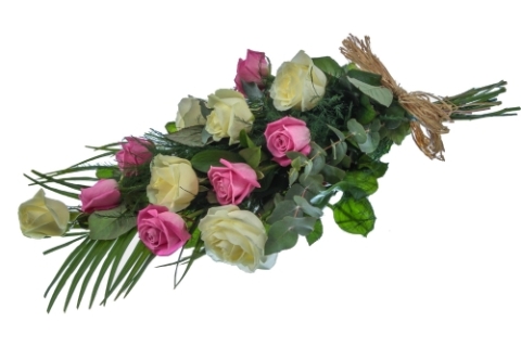 12 Roses, tied with seasonal foliage and a raffia bow