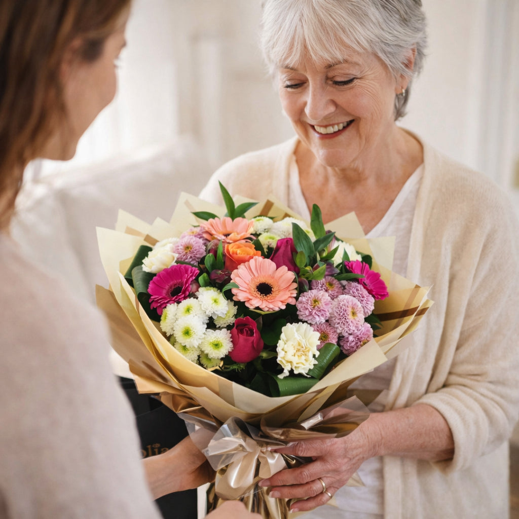 Woman receiving a bouquet of flowers from another person indoors.