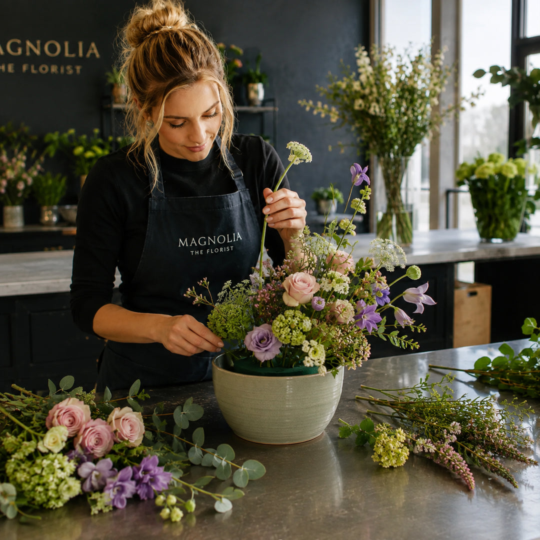 A woman wearing a black Magnolia The Florist apron arranges a colorful floral arrangement in a light green ceramic bowl on a metal counter. The scene is set in a professional florist shop with other floral displays in the background.
