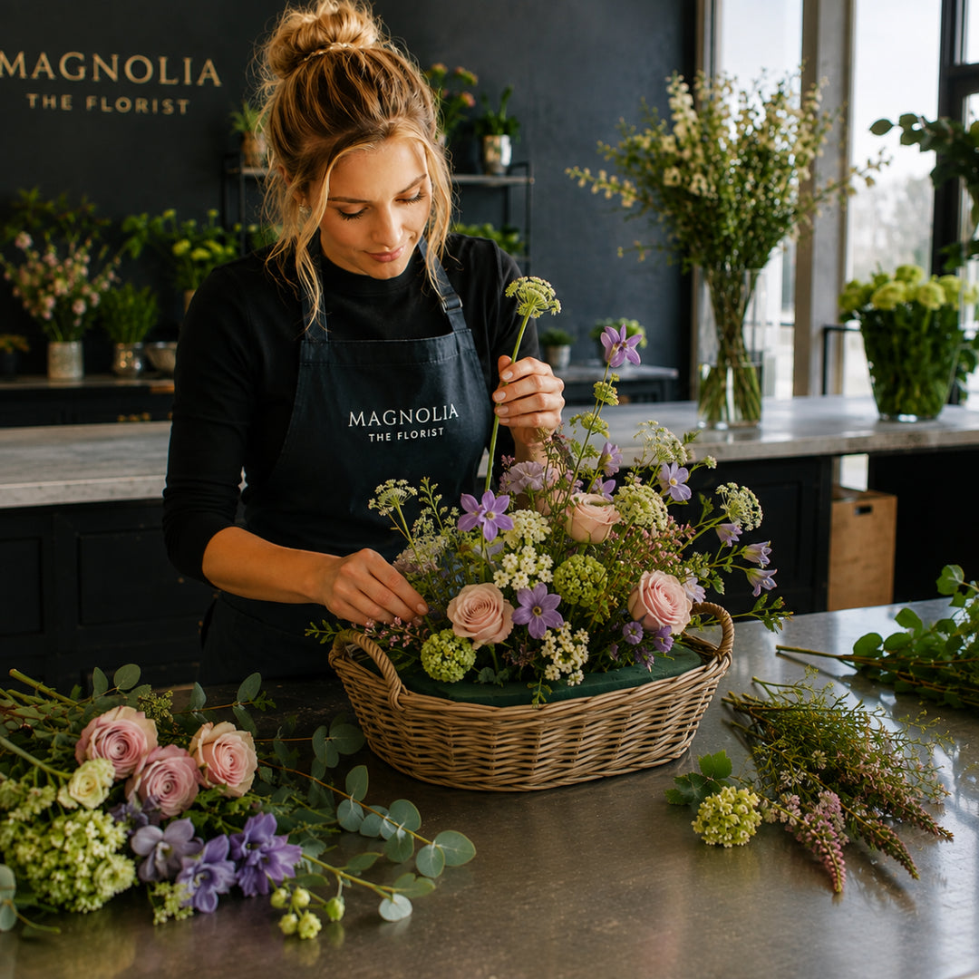 Florist Choice Funeral Basket - Magnolia the Florist Our stunning funeral basket is made from a selection of beautiful florist-choice flowers, finished with luscious green foliage. We will select the freshest flowers available on the day so, whilst your flowers may look different to the one pictured, they’ll still be just as lovely. If you cannot find what you want on our site, please call our sales team, we're always happy to assist you. This item requires 1-day notice to order.  1