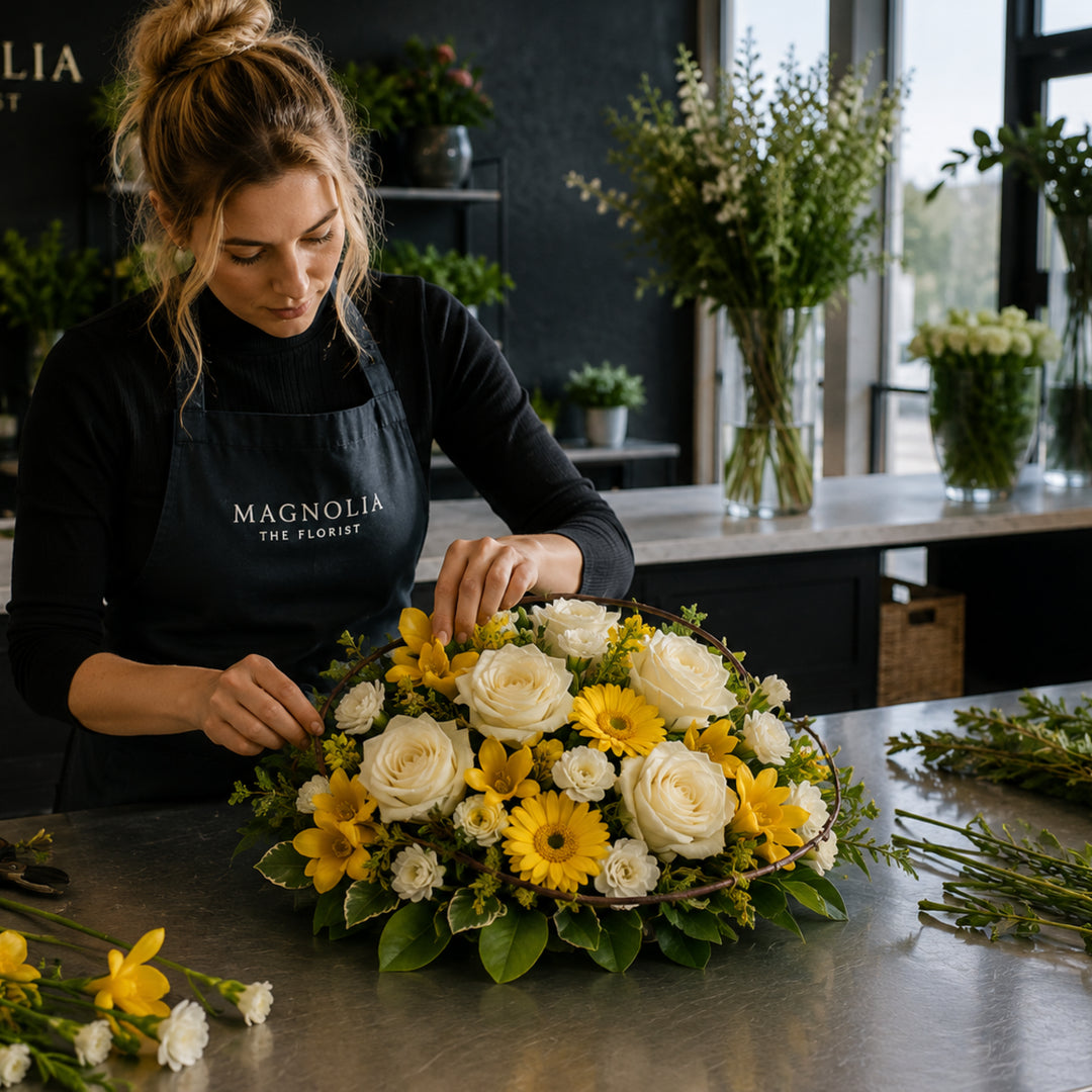 A florist wearing a black apron with 'MAGNOLIA THE FLORIST' printed on it arranges a vibrant flower posy style arrangement on a metal counter.