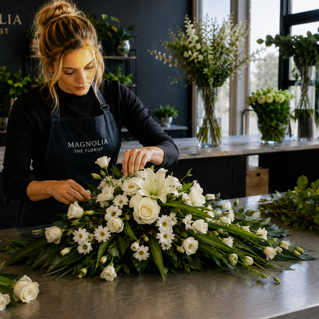 A florist in a black apron with 'MAGNOLIA THE FLORIST' printed on it arranges a large white floral arrangement on a metal counter in a flower shop.