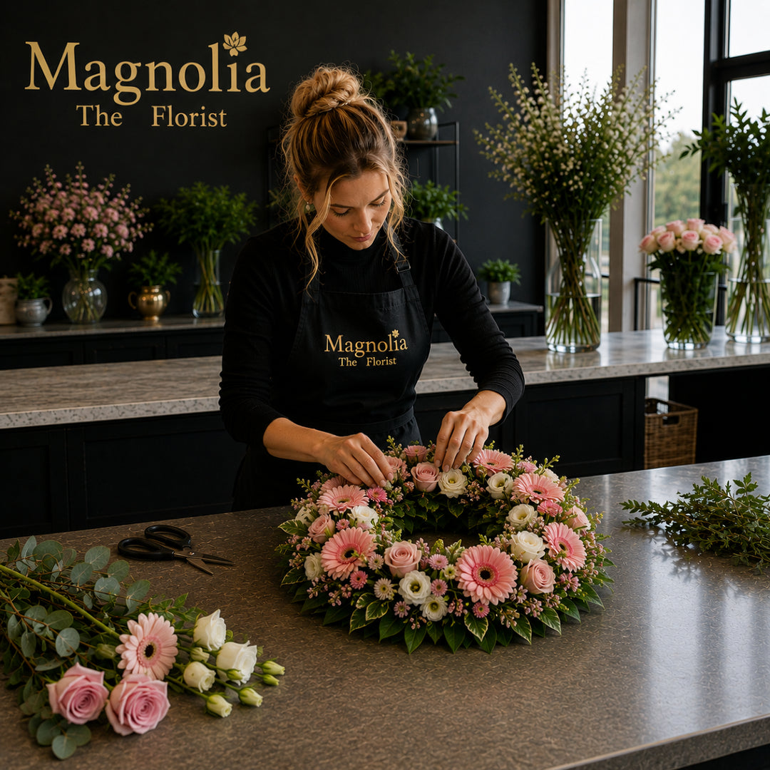 Florist Choice Wreath - Magnolia the Florist Our stunning wreath is made from a selection of beautiful florist-choice flowers, finished with luscious green foliage. We will select the freshest flowers available on the day so, whilst your flowers may look different to the one pictured, they’ll still be just as lovely.. If you cannot find what you want on our site, please call our sales team, we're always happy to assist you. This item requires 1-day notice to order.  1