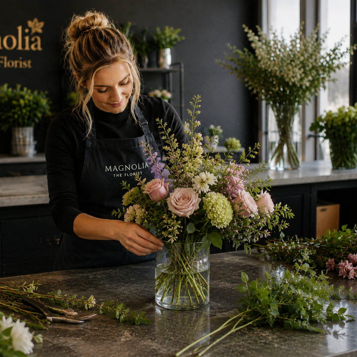 Florist Choice Vase Arrangement - Magnolia the Florist Let our talented florists put together a beautiful arrangement of flowers and will be based on the florist's favourites and the season's current flowers. The image of the arrangement is therefore indicative and the colour and flowers in this arrangement may vary. Our flowers are arranged for you tied and presented in a vase, you can personalise them with a message inside one of our gorgeous signature-style cards.  1