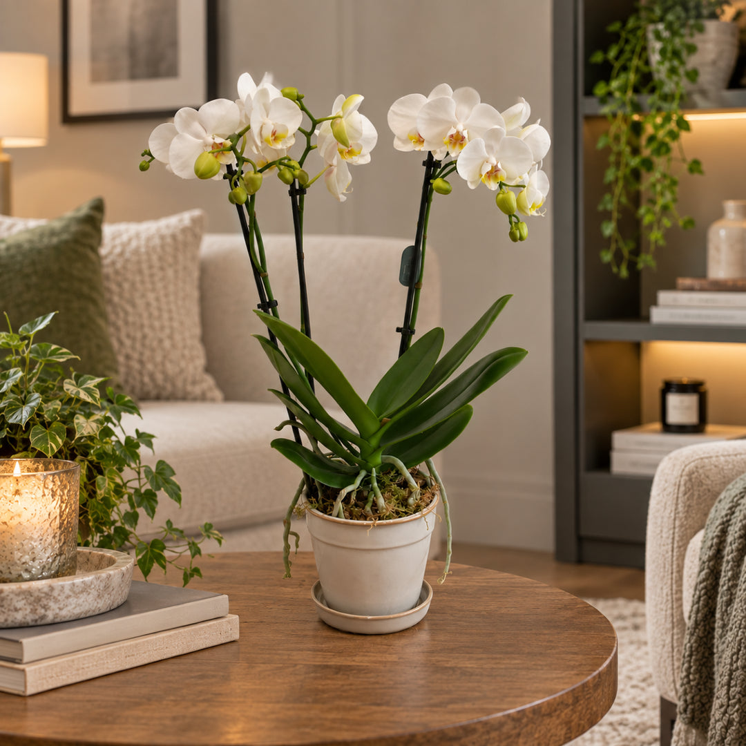 Triple Stem White Phalaenopsis Orchid Plant