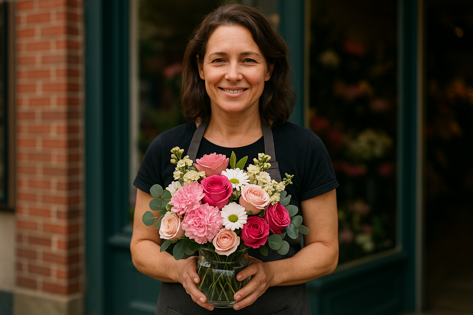 Woman holding a bouquet of flowers in front of a brick wall