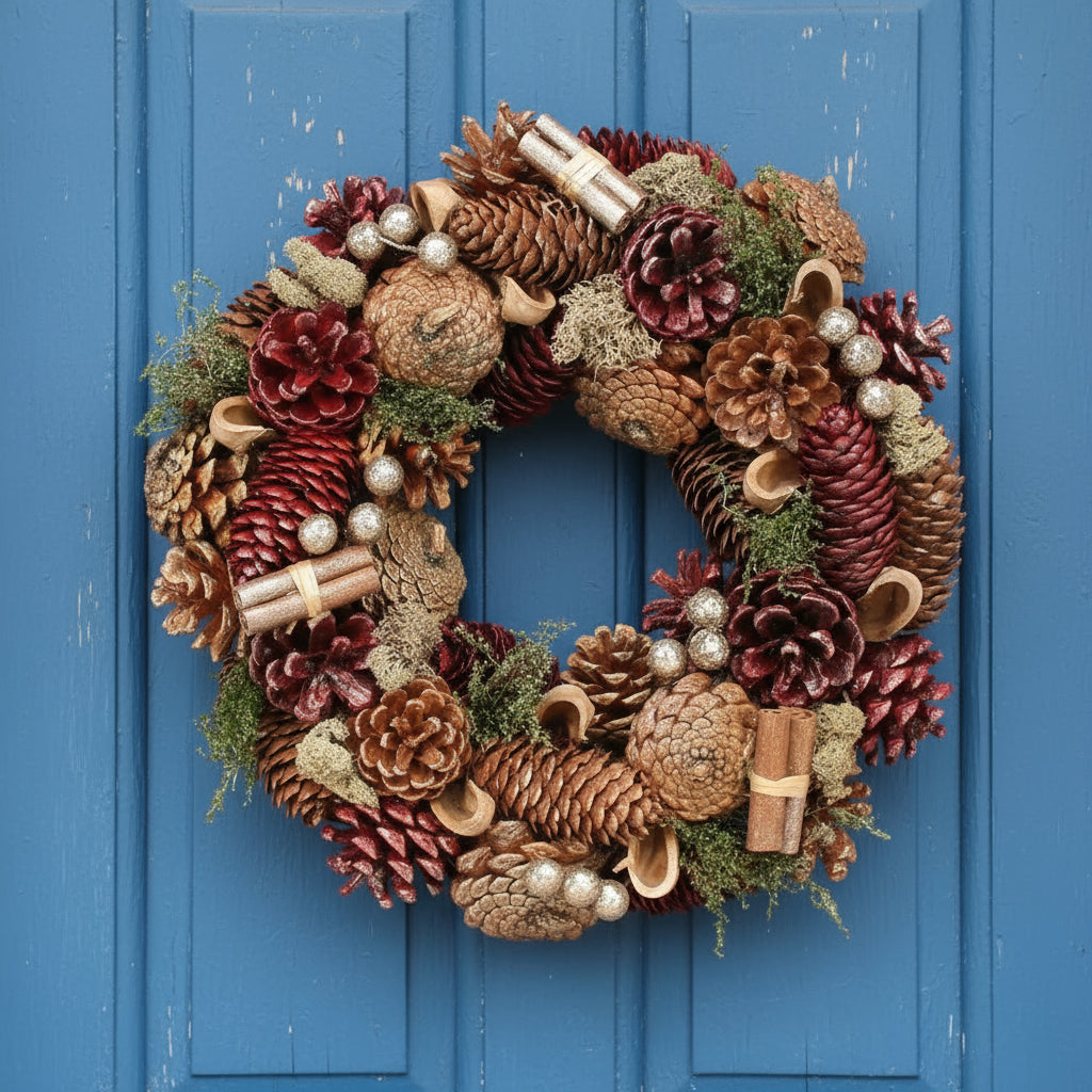 Decorative wreath with pinecones, berries, and cinnamon sticks on a blue door