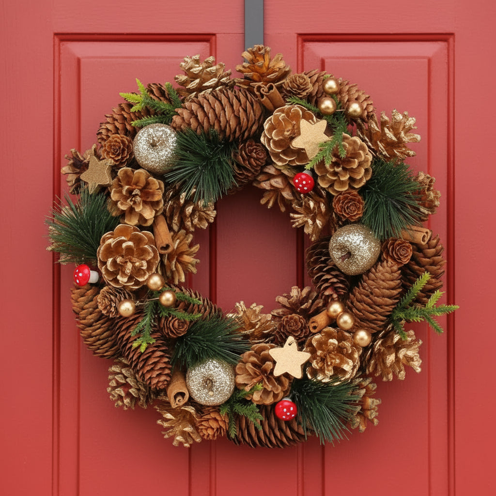 Decorative Christmas wreath with pine cones, greenery, and ornaments on a red door