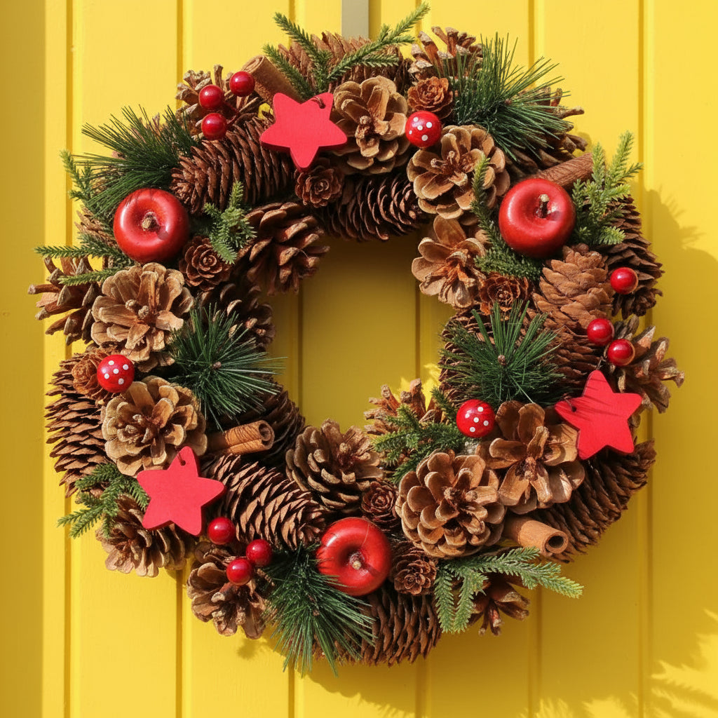 Christmas wreath with pine cones, red apples, and stars on a yellow door