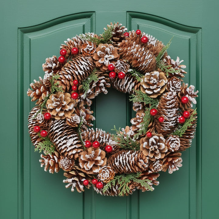 Christmas wreath with pinecones, berries, and greenery on a green door