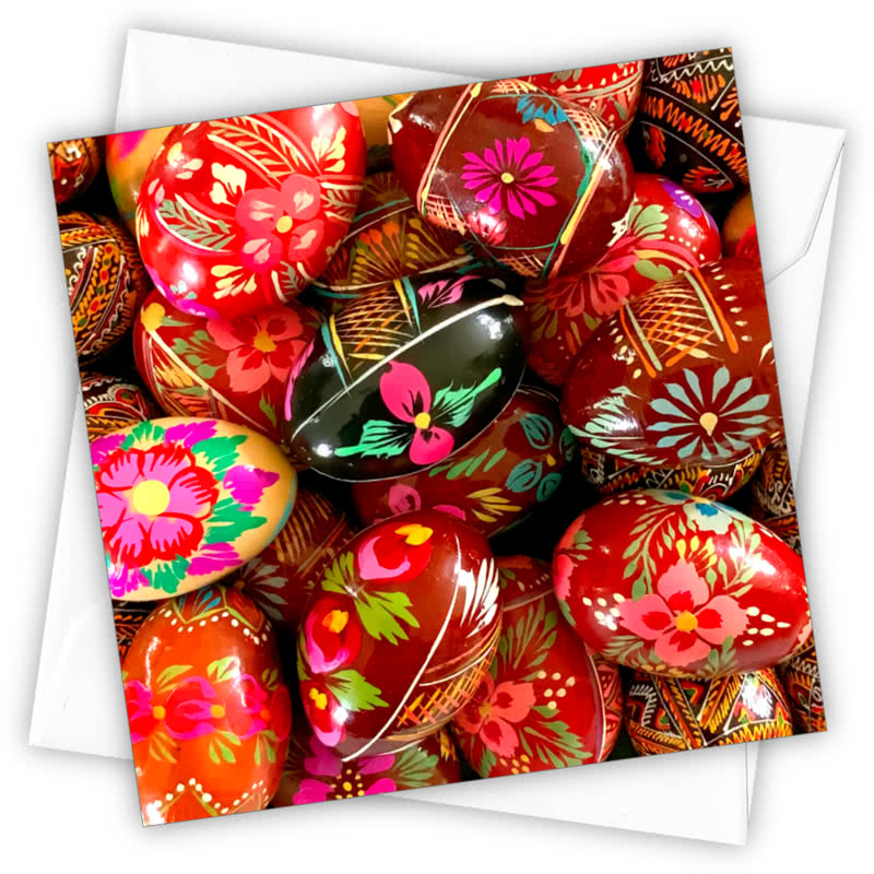 Painted Eggs Greetings Card - Magnolia the Florist Individual greeting card and envelope. Blank inside for your personal message Supplied with a colour co-ordinated envelope Envelope colour: White High-quality (300gsm) matt finish card Printed in the UK. Size: 100mm × 100m  1